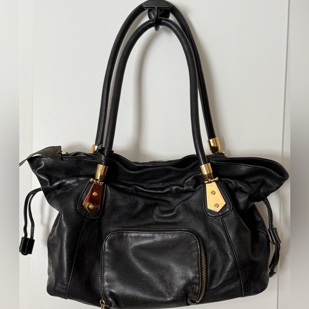 Rough Roses Black and Gold Pebbled Leather Shoulder Bag